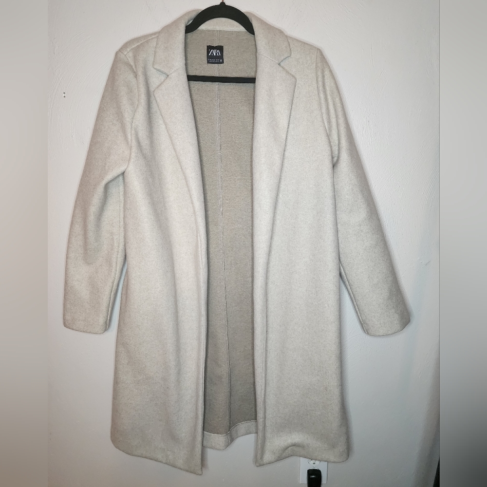 Zara Synthetic Wool Mid Length Cream Off White Coat with Pockets